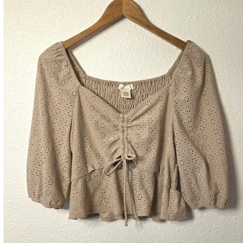 Romantic Cottagecore Eyelet Blouse Large Taupe Smocked Balloon Sleeve